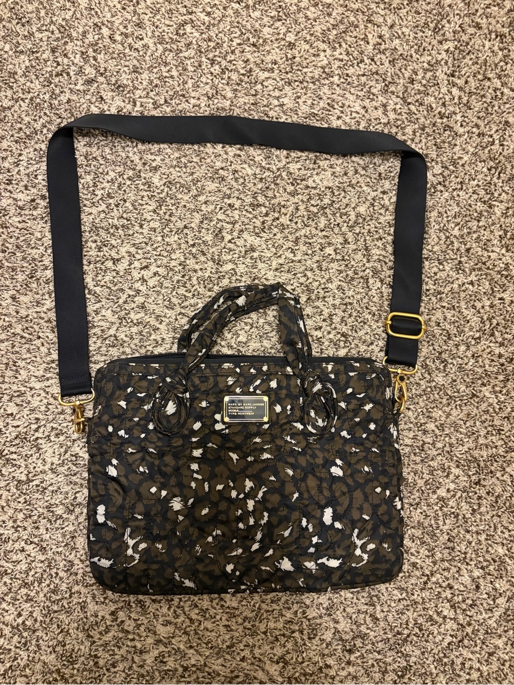 Marc Jacobs Leopard Printed Quilted Laptop Crossbody Bag with Gold Hardware